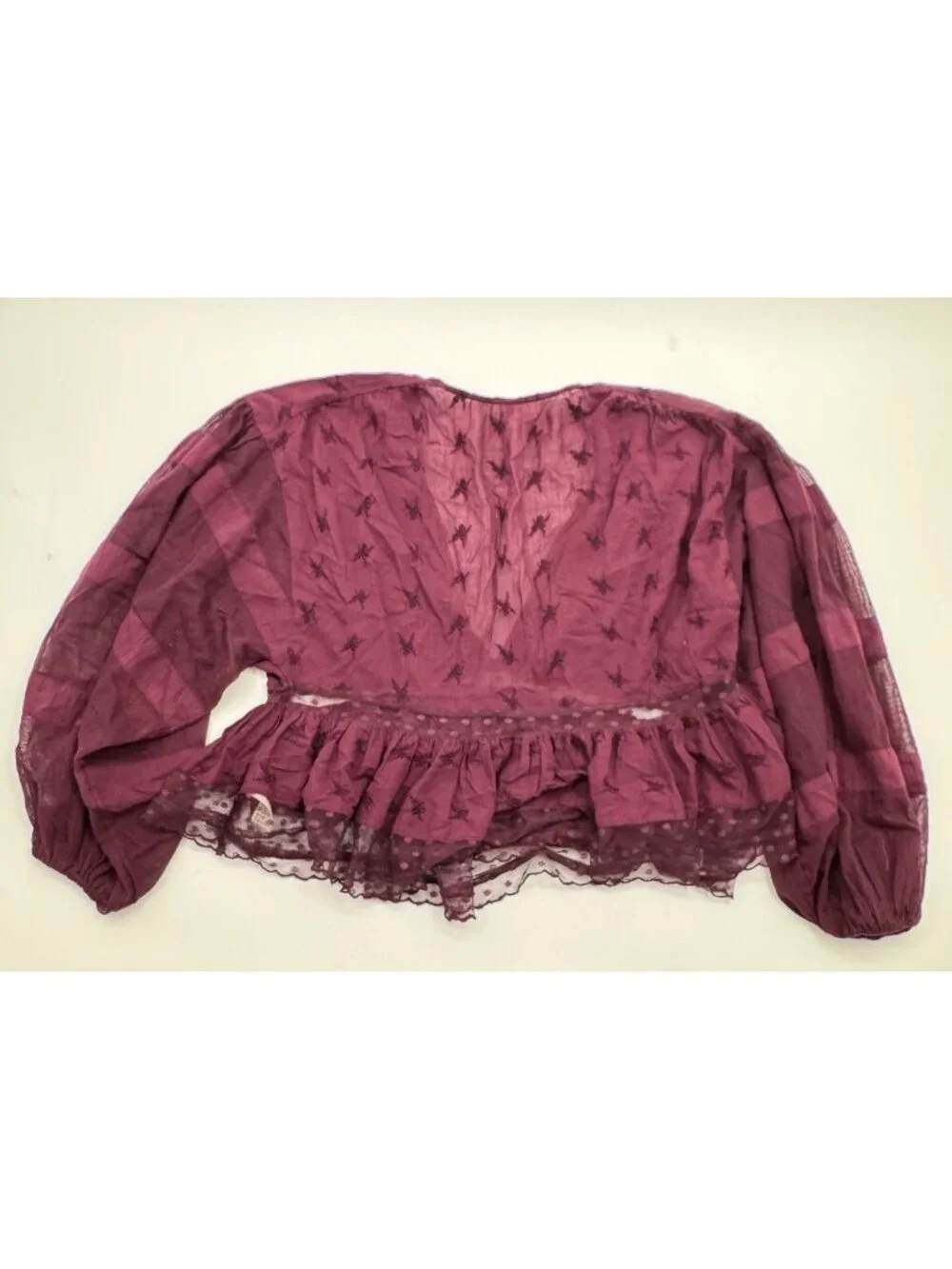 Free People Sheer Embroidered Boho Peplum Blouse With Lace Hem & V-Neck